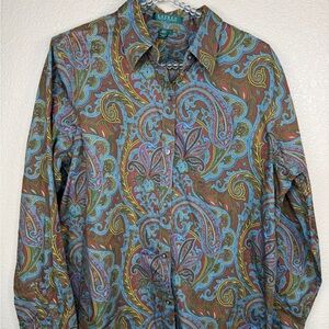 Lauren Ralph Lauren Paisley Cotton Button Down Blouse Size L